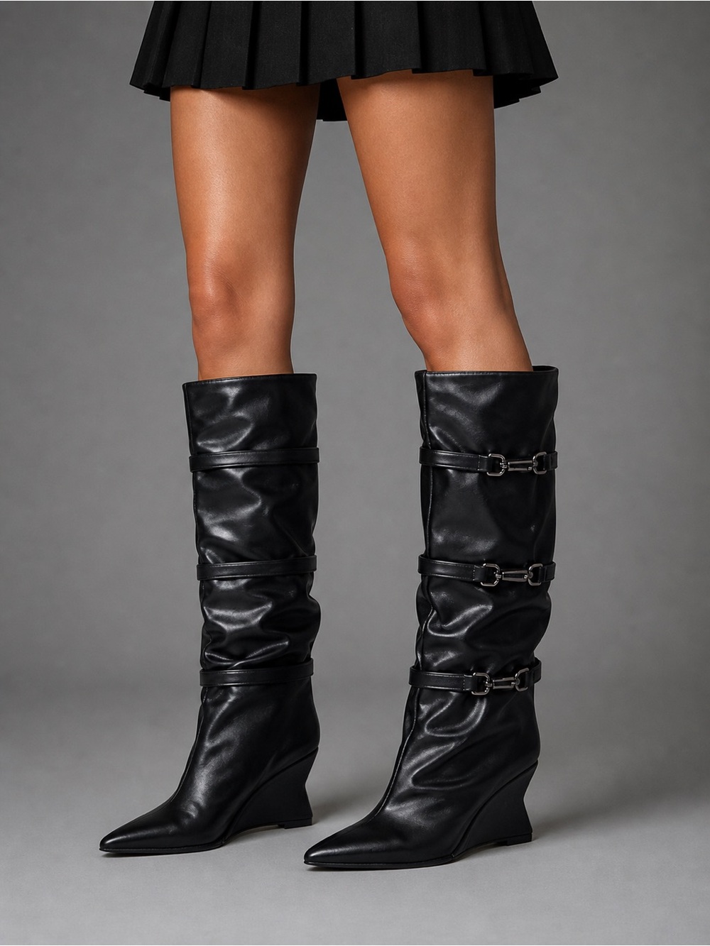 Black Kullervo Slouchy Wedge Knee-High Boots Buckle Detail Pointed Toe NIB